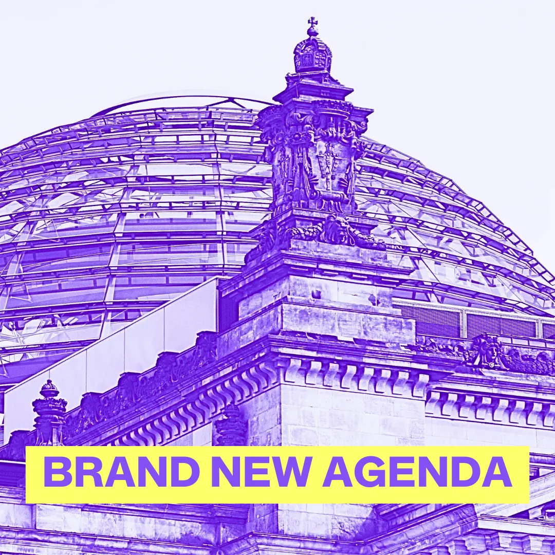Titelbild Brand New Agenda. Lila eingefärbtes Bundestagsgebäude