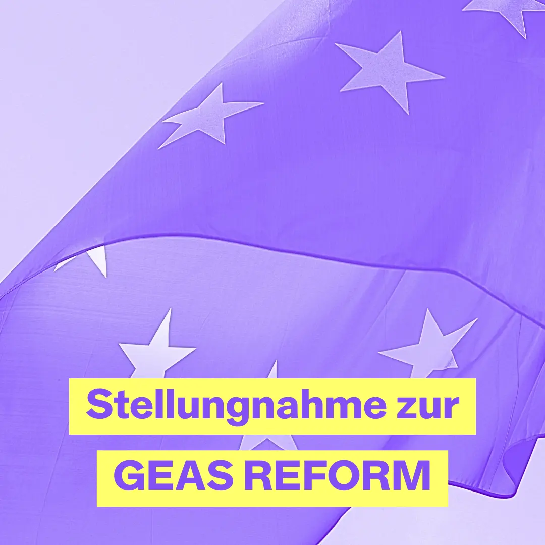 Titelbild Stellungnahme zur GEAS Reform. Lila eingefärbte EU-Flagge