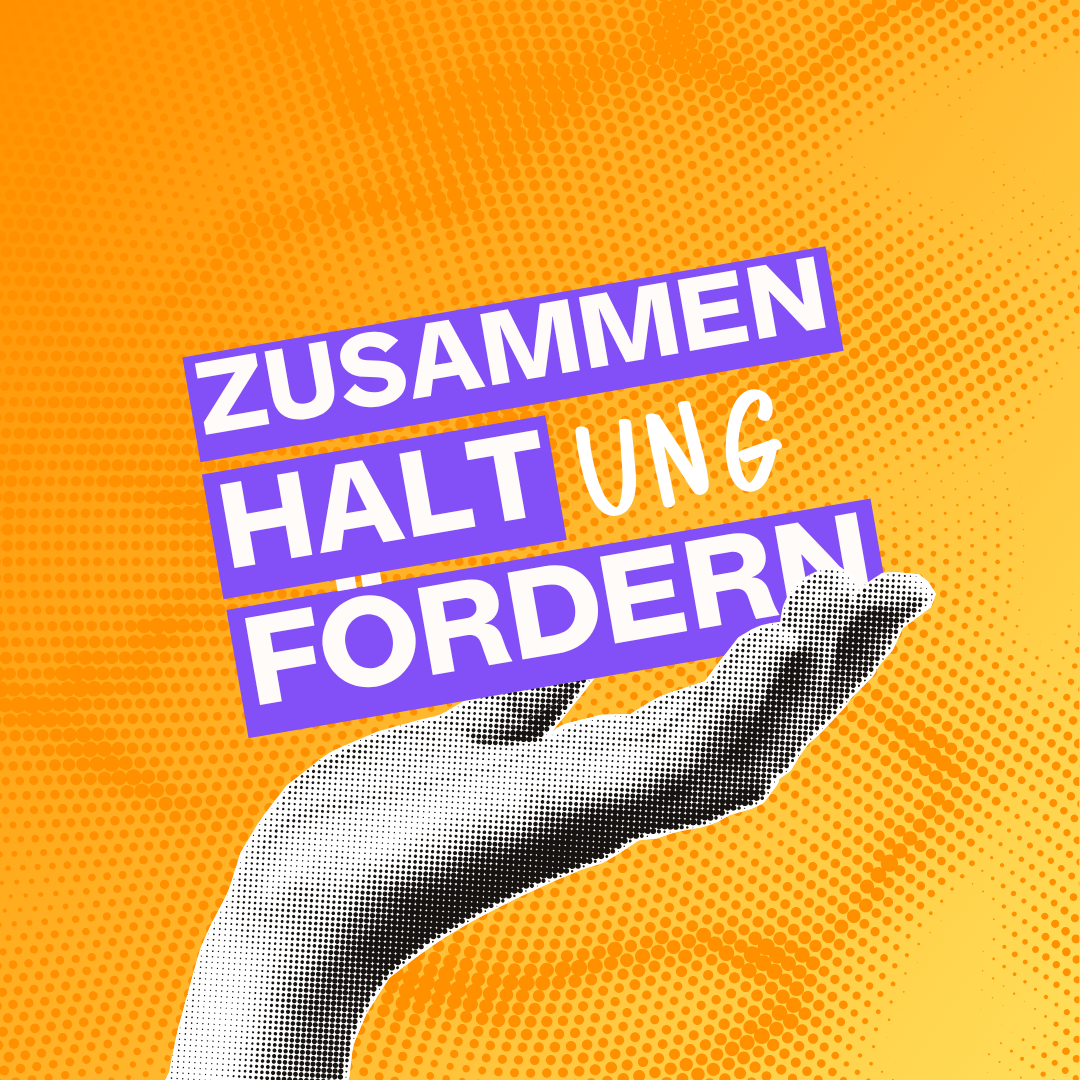 Logo Zusammenhaltung fördern und Hand, die das Logo hält auf orangenem Hintergrund