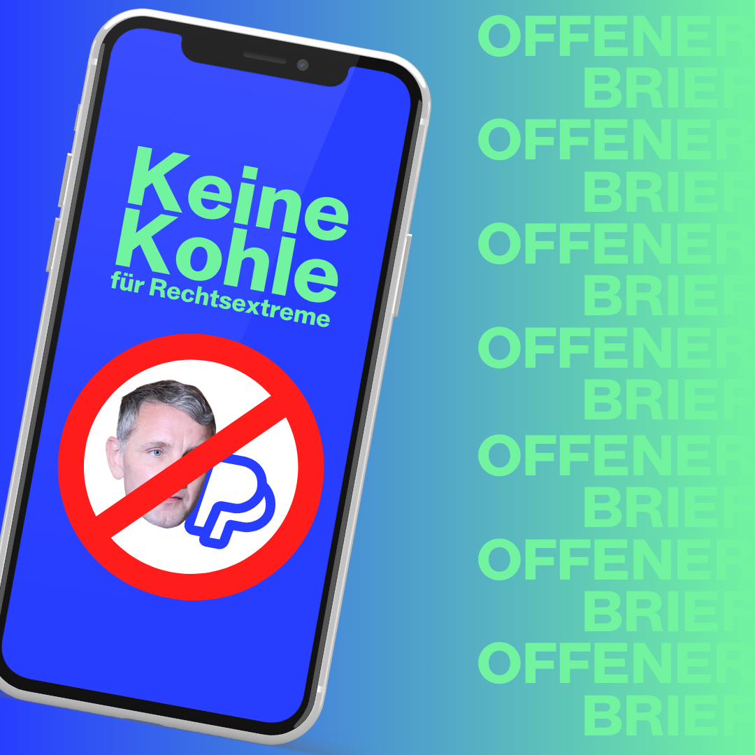 Man sieht in einem Handy das Logo der Kampagne "Keine Kohle für Nazis" und an der Seite den Schriftzug "Offener Brief"